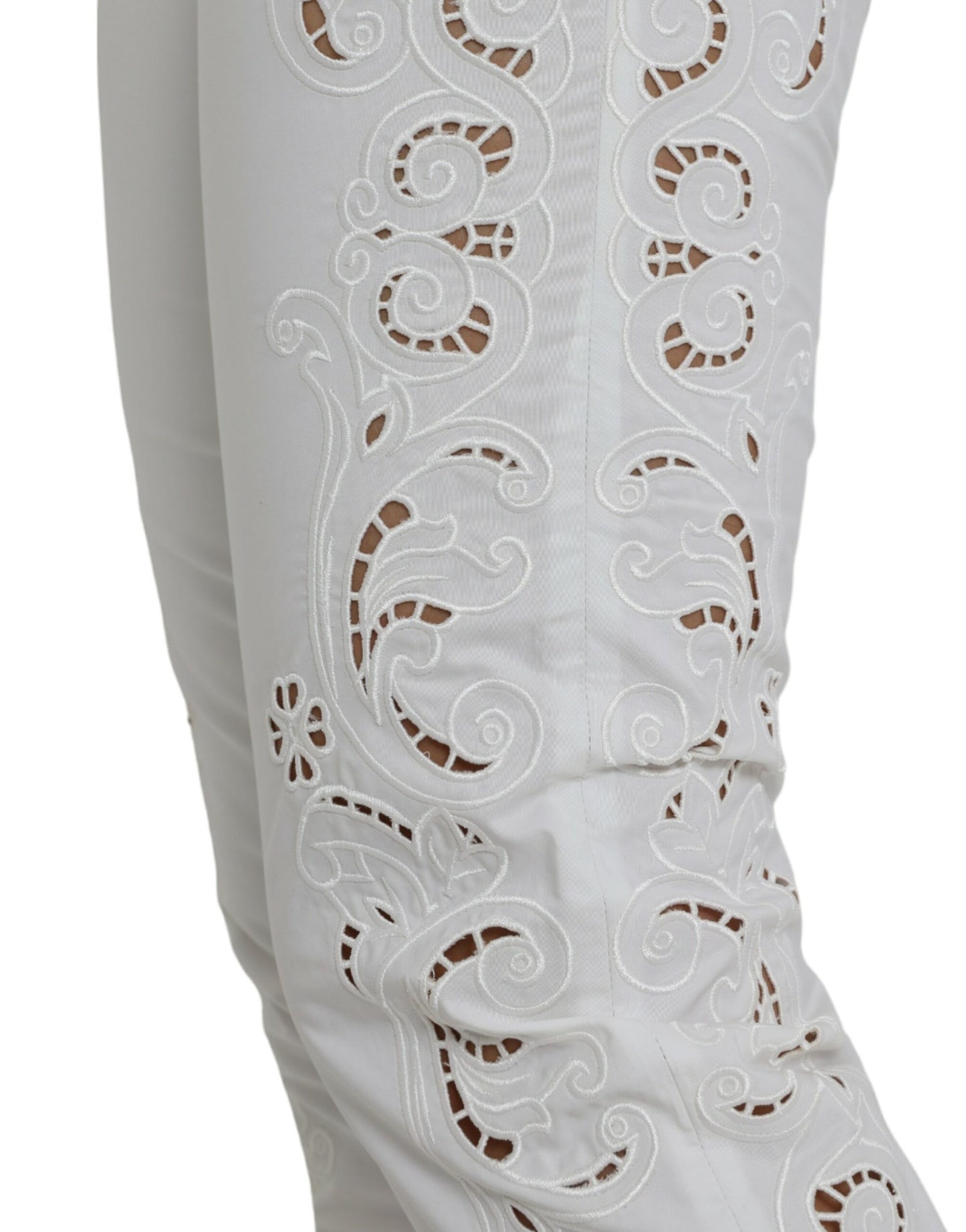 Dolce & Gabbana White Cut Out Cotton Mid Waist Cropped Pants by Dolce & Gabbana