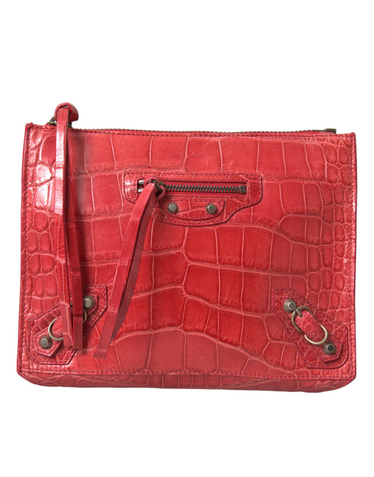 Pochette Balenciaga en cuir d'alligator rouge exotique