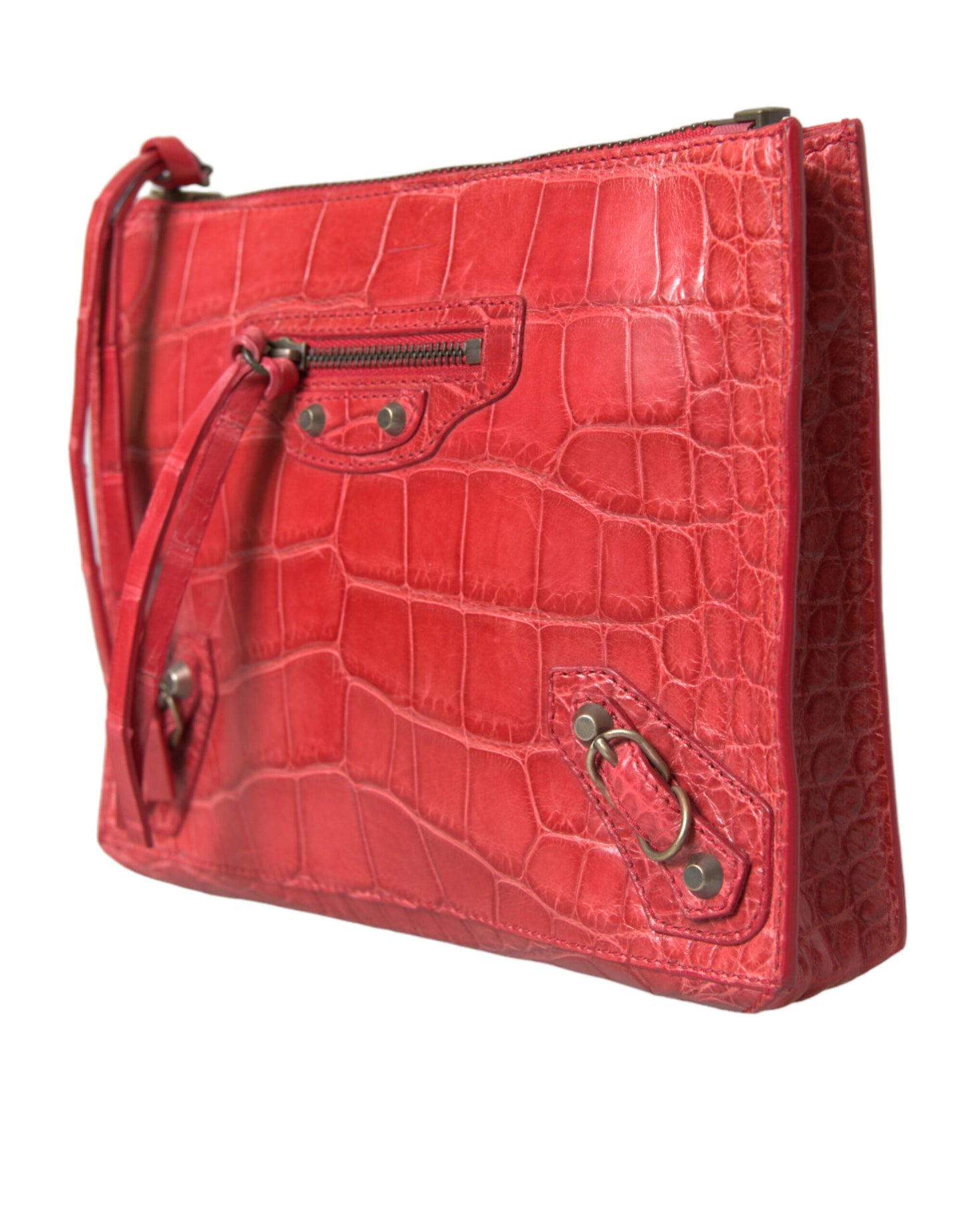 Pochette Balenciaga en cuir d'alligator rouge exotique