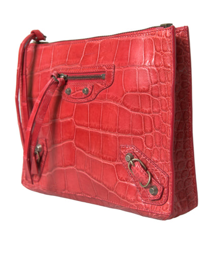 Pochette Balenciaga en cuir d'alligator rouge exotique