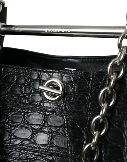 Sac seau maxi élégant en cuir de crocodile noir Balenciaga