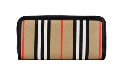 Portefeuille continental zippé Burberry Ellerby en cuir noir et toile à rayures emblématiques