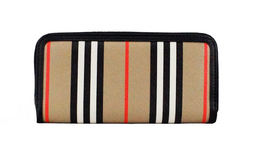 Portefeuille continental zippé Burberry Ellerby en cuir noir et toile à rayures emblématiques