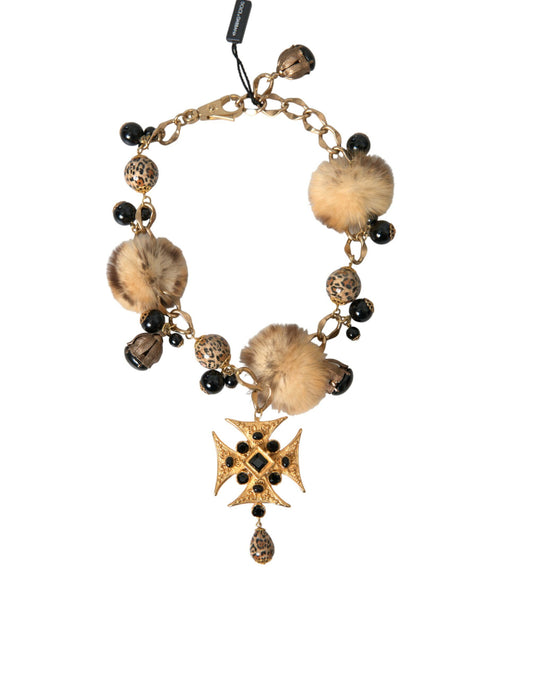 Collier ras du cou Dolce &amp; Gabbana en filigrane de fourrure de lapin avec cristaux noirs et dorés