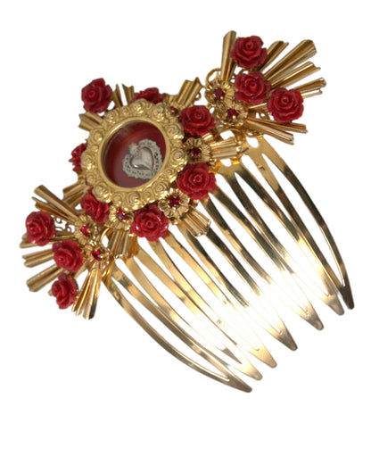 Peigne à cheveux Dolce &amp; Gabbana en laiton doré et cristal avec motif floral en forme de cœur