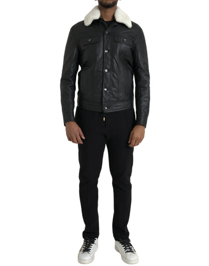 Dolce &amp; Gabbana - Manteau motard en cuir noir avec col en fourrure