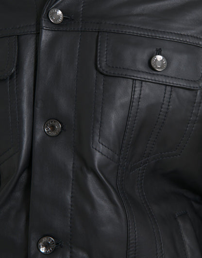 Dolce &amp; Gabbana - Manteau motard en cuir noir avec col en fourrure