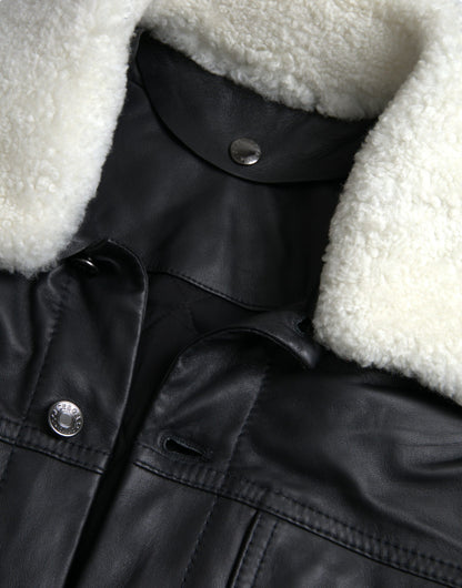 Dolce &amp; Gabbana - Manteau motard en cuir noir avec col en fourrure