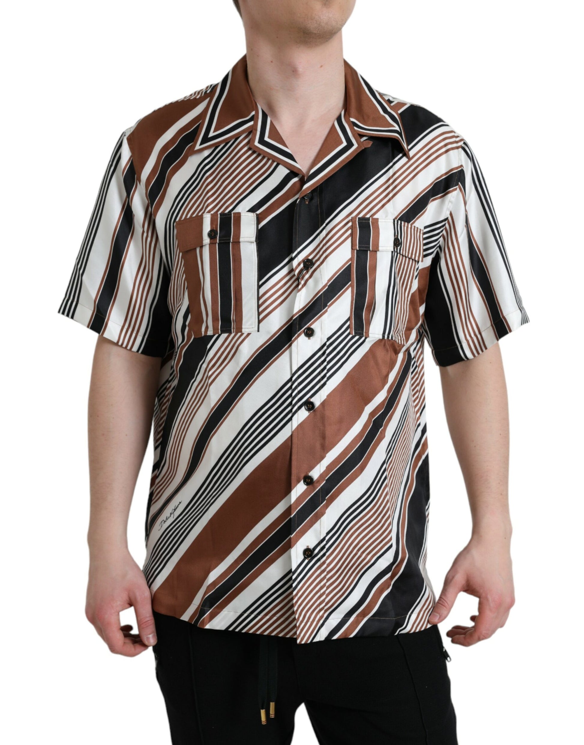 Dolce & Gabbana Brown White Silk Striped Short Sleeve Shirt by Dolce & Gabbana