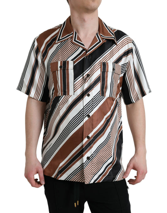 Dolce & Gabbana Brown White Silk Striped Short Sleeve Shirt by Dolce & Gabbana