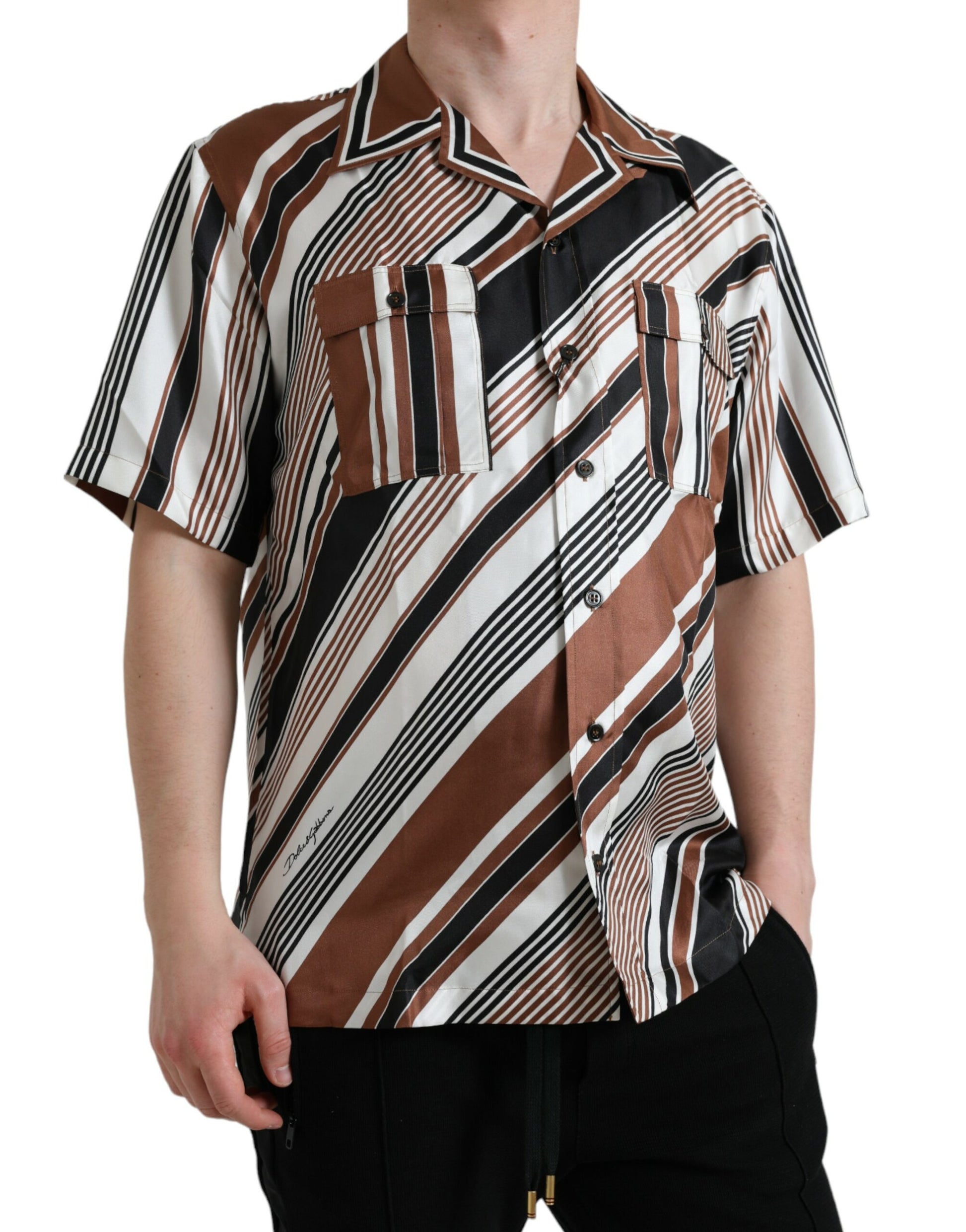 Dolce & Gabbana Brown White Silk Striped Short Sleeve Shirt by Dolce & Gabbana