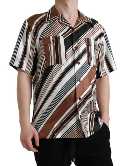 Dolce & Gabbana Brown White Silk Striped Short Sleeve Shirt by Dolce & Gabbana