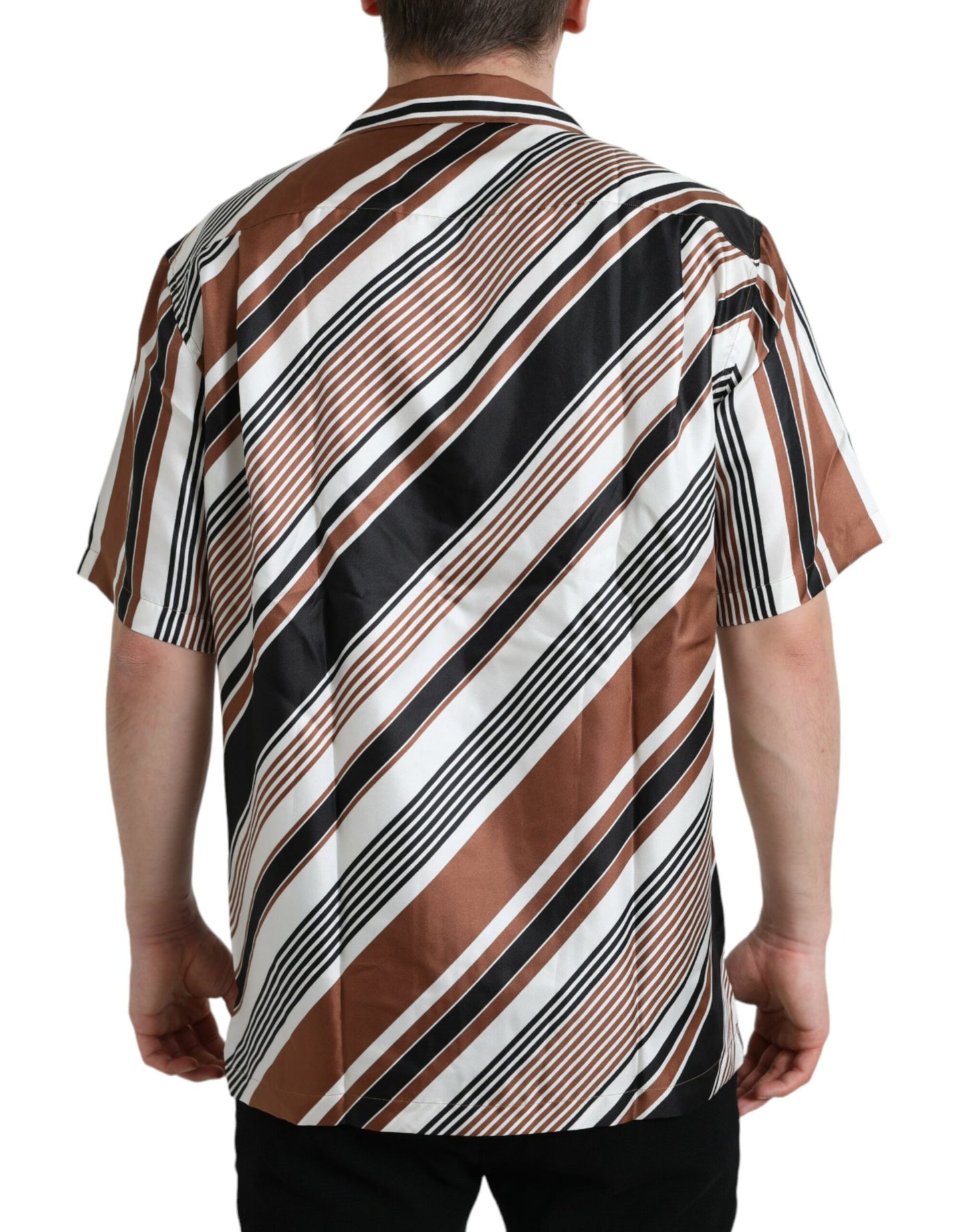 Dolce & Gabbana Brown White Silk Striped Short Sleeve Shirt by Dolce & Gabbana