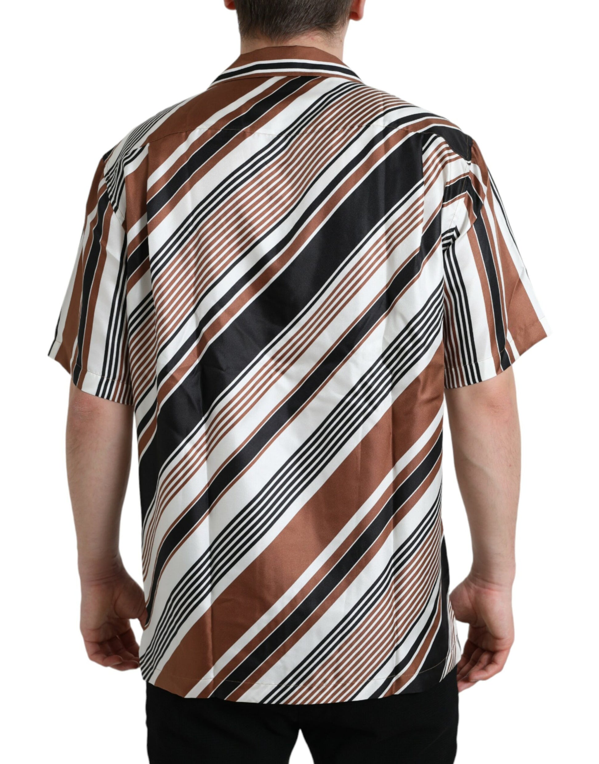 Dolce & Gabbana Brown White Silk Striped Short Sleeve Shirt by Dolce & Gabbana