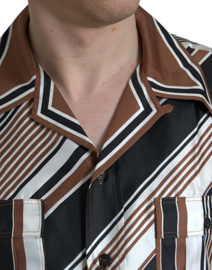 Dolce & Gabbana Brown White Silk Striped Short Sleeve Shirt by Dolce & Gabbana
