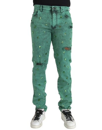Dolce & Gabbana Green Crystals Cotton Stretch Slim Jeans by Dolce & Gabbana