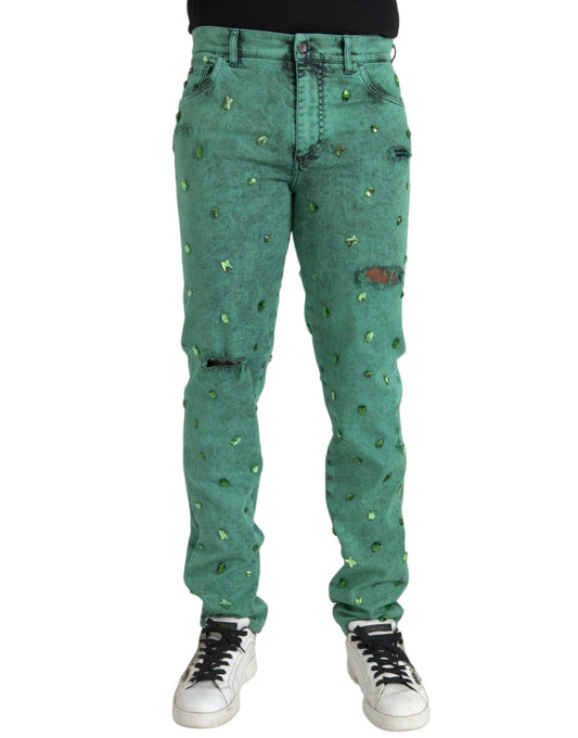 Dolce & Gabbana Green Crystals Cotton Stretch Slim Jeans by Dolce & Gabbana