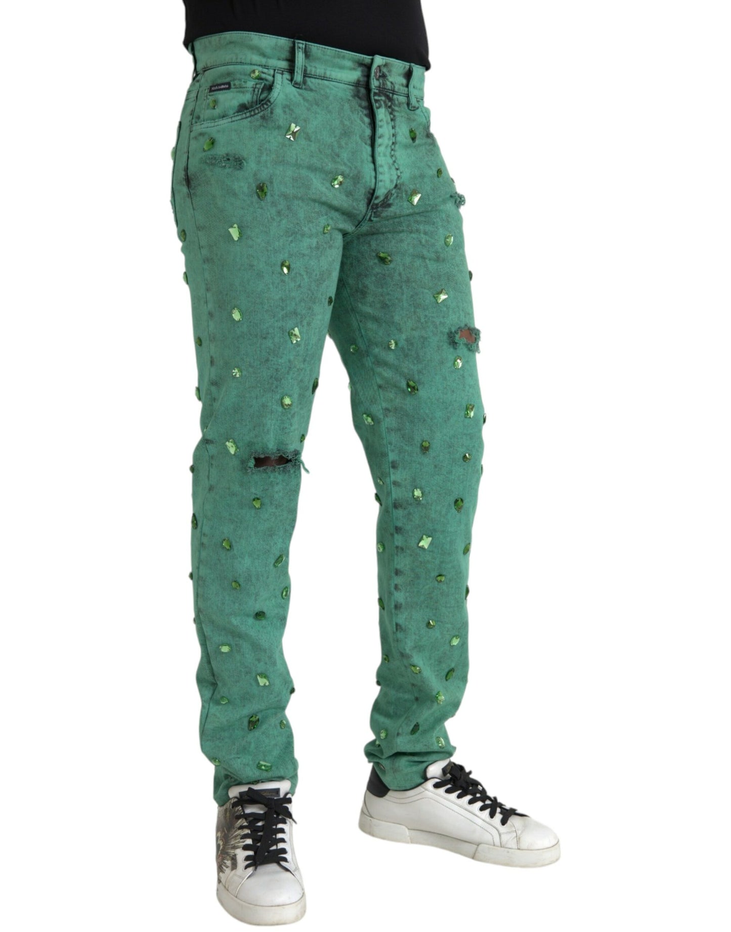 Dolce & Gabbana Green Crystals Cotton Stretch Slim Jeans by Dolce & Gabbana
