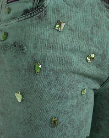 Dolce & Gabbana Green Crystals Cotton Stretch Slim Jeans by Dolce & Gabbana
