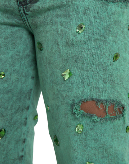Dolce & Gabbana Green Crystals Cotton Stretch Slim Jeans by Dolce & Gabbana