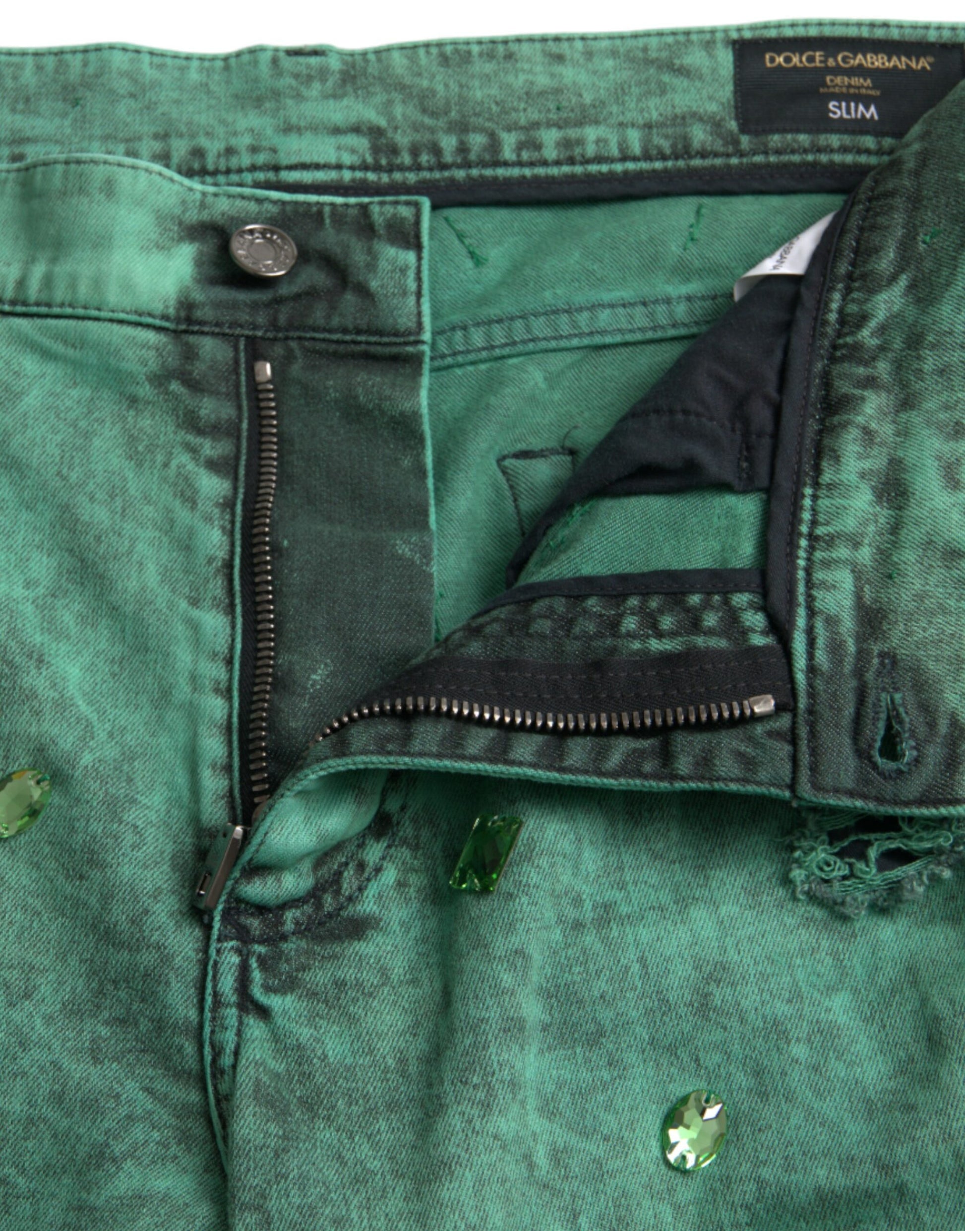 Dolce & Gabbana Green Crystals Cotton Stretch Slim Jeans by Dolce & Gabbana
