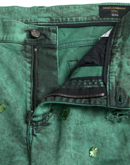 Dolce & Gabbana Green Crystals Cotton Stretch Slim Jeans by Dolce & Gabbana