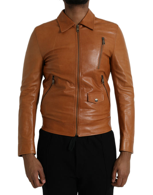 Blouson zippé en cuir d'agneau marron Dolce &amp; Gabbana