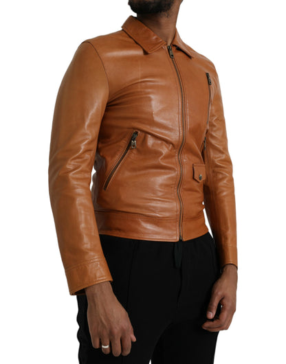 Blouson zippé en cuir d'agneau marron Dolce &amp; Gabbana