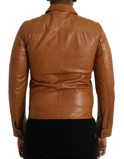 Blouson zippé en cuir d'agneau marron Dolce &amp; Gabbana