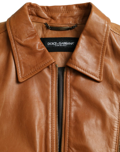 Blouson zippé en cuir d'agneau marron Dolce &amp; Gabbana