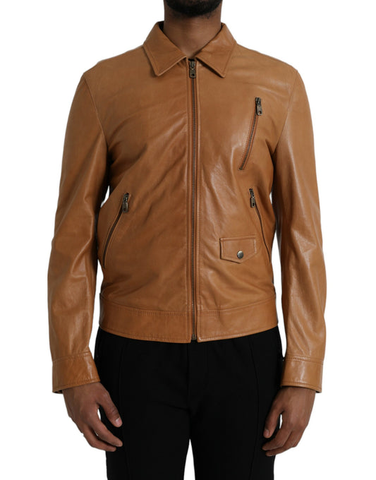 Blouson zippé en cuir d'agneau marron Dolce &amp; Gabbana