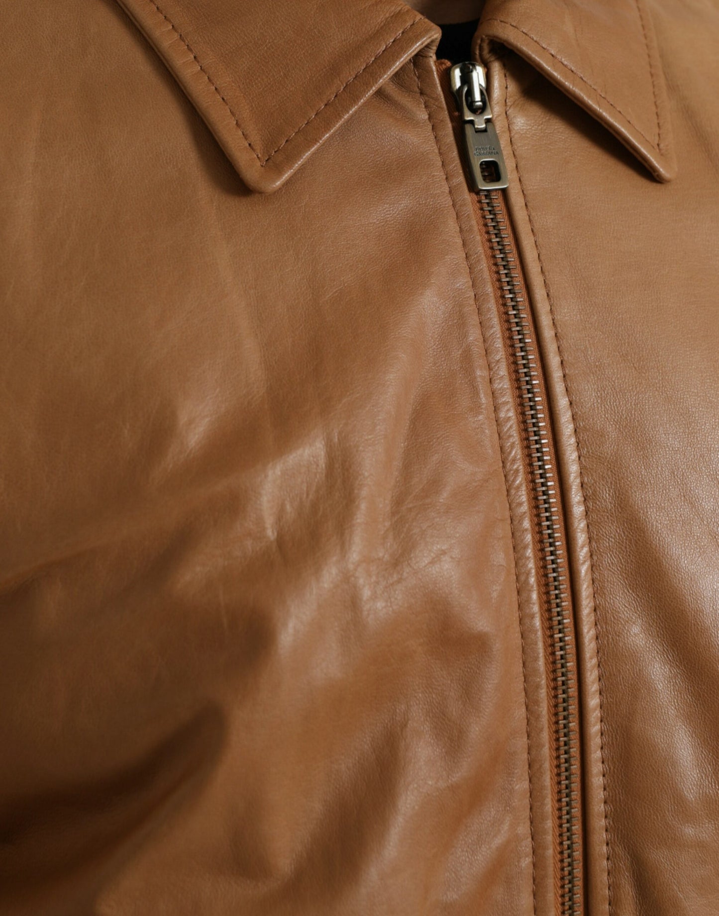 Blouson zippé en cuir d'agneau marron Dolce &amp; Gabbana