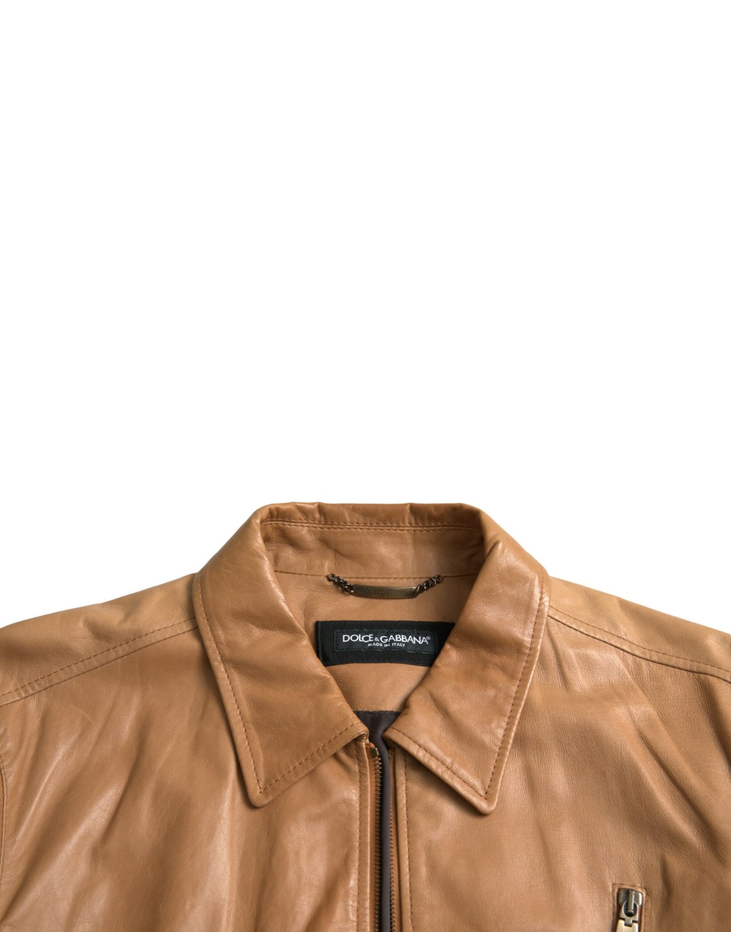 Blouson zippé en cuir d'agneau marron Dolce &amp; Gabbana
