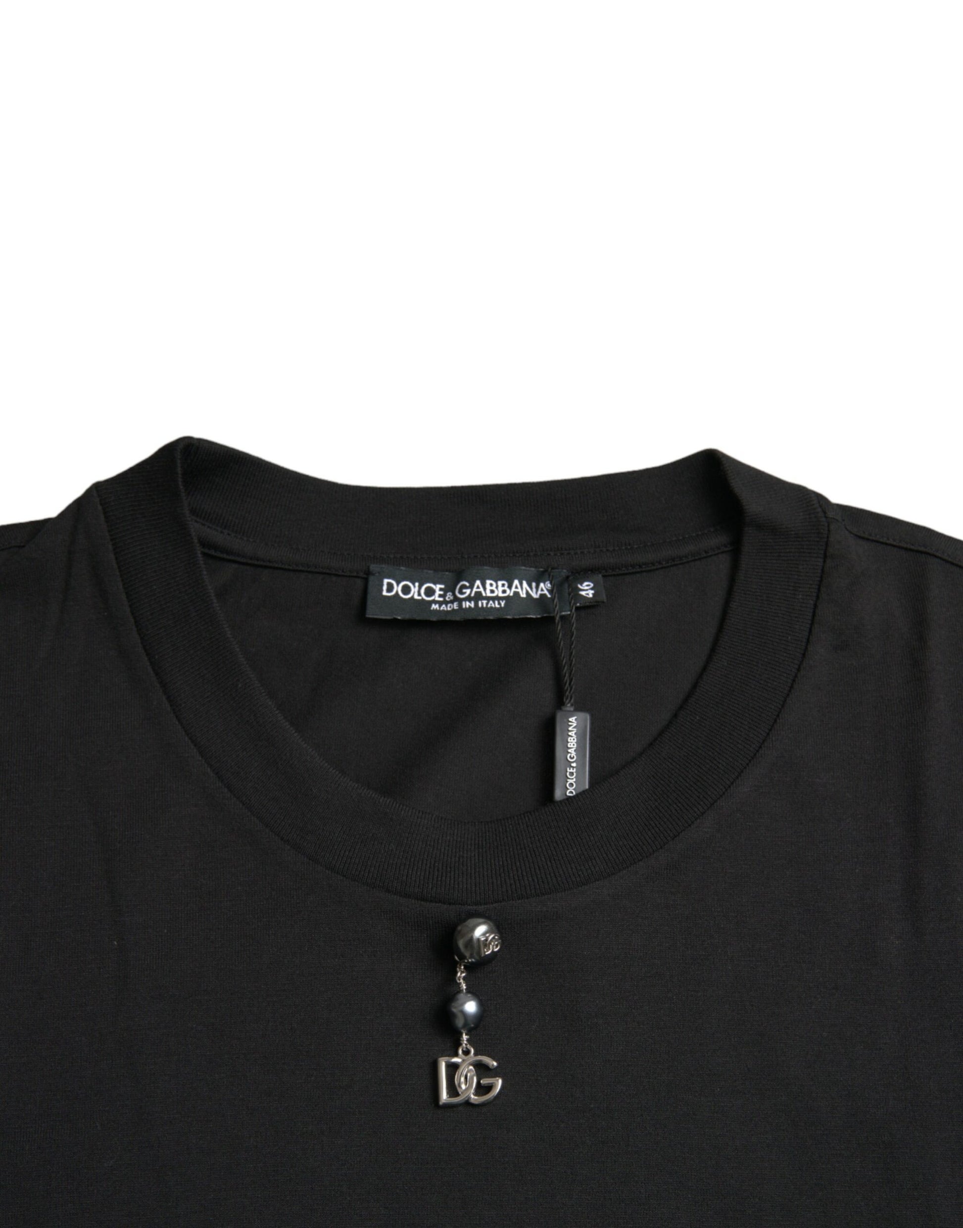 Dolce & Gabbana Black Embellished Cotton Crew Neck T-shirt by Dolce & Gabbana