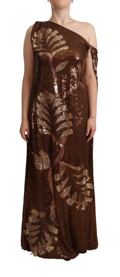 Dsquared² Brown Leaf Sequined Shift One Shoulder Long Dress by Dsquared²