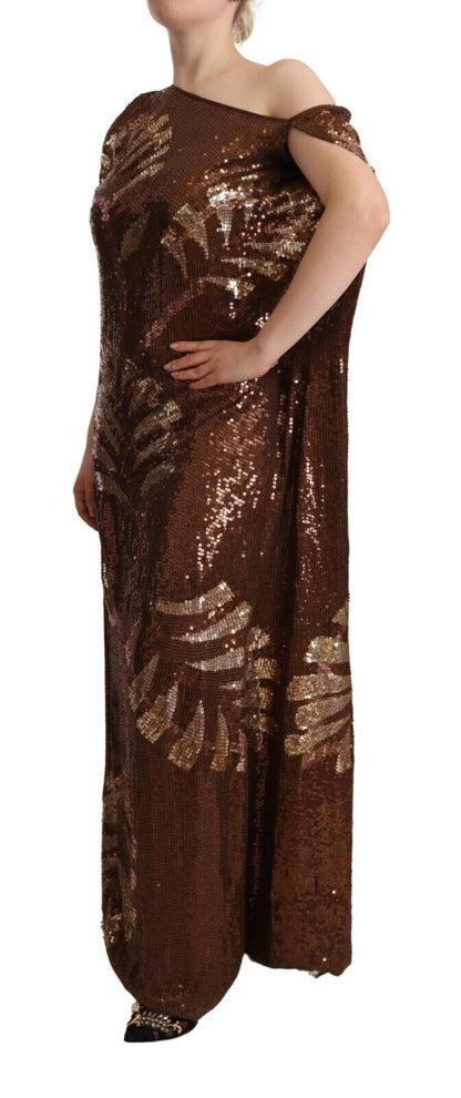 Dsquared² Brown Leaf Sequined Shift One Shoulder Long Dress by Dsquared²