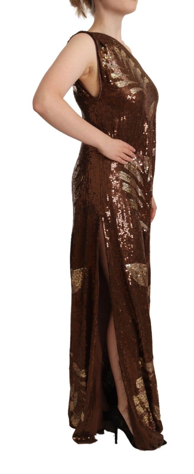 Dsquared² Brown Leaf Sequined Shift One Shoulder Long Dress by Dsquared²