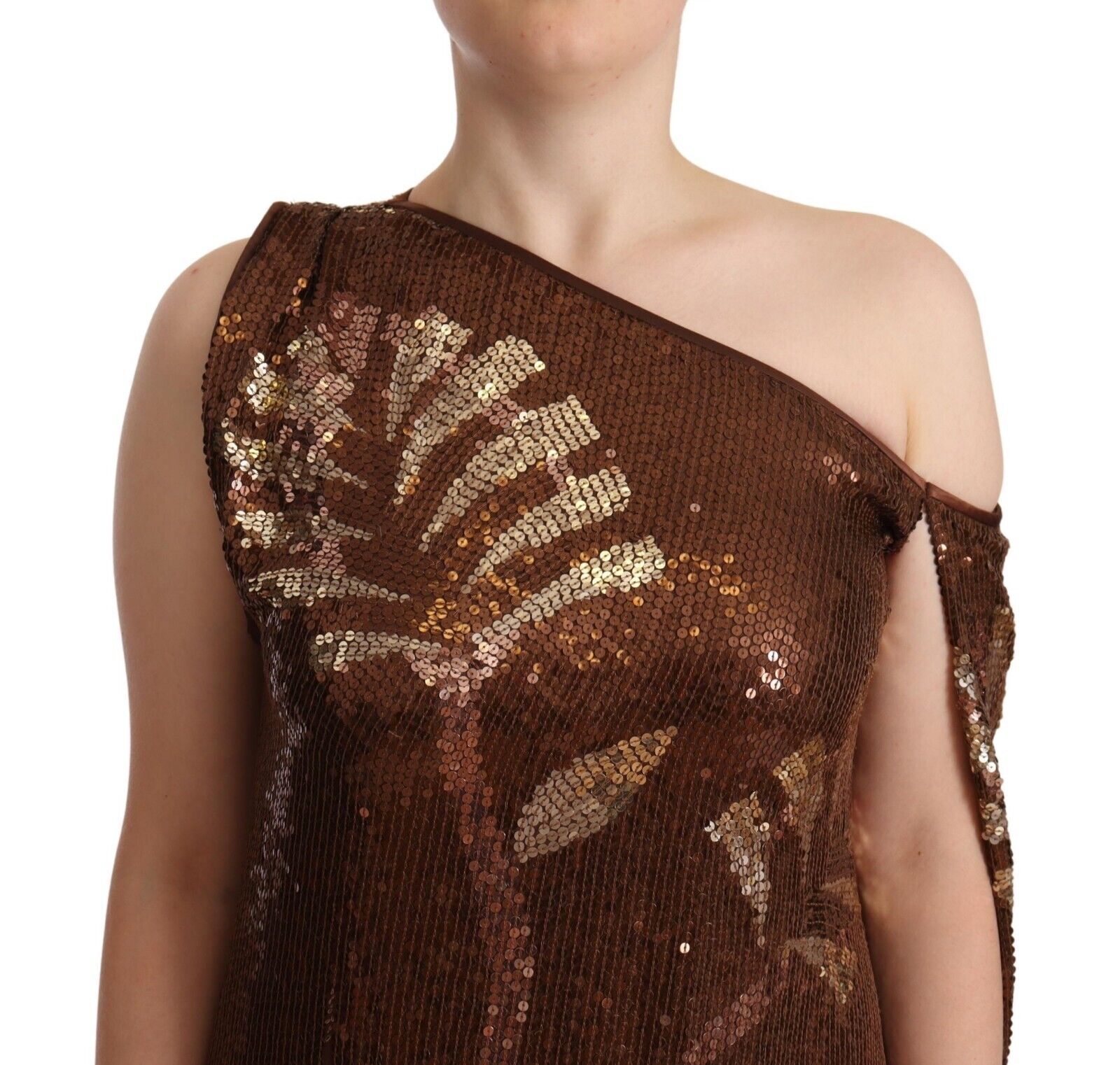 Dsquared² Brown Leaf Sequined Shift One Shoulder Long Dress by Dsquared²