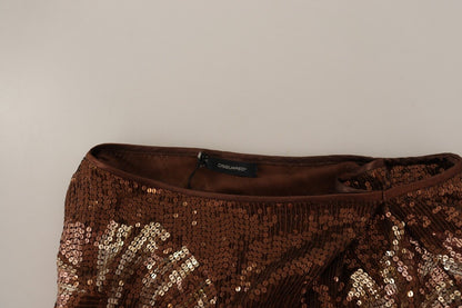Dsquared² Brown Leaf Sequined Shift One Shoulder Long Dress by Dsquared²