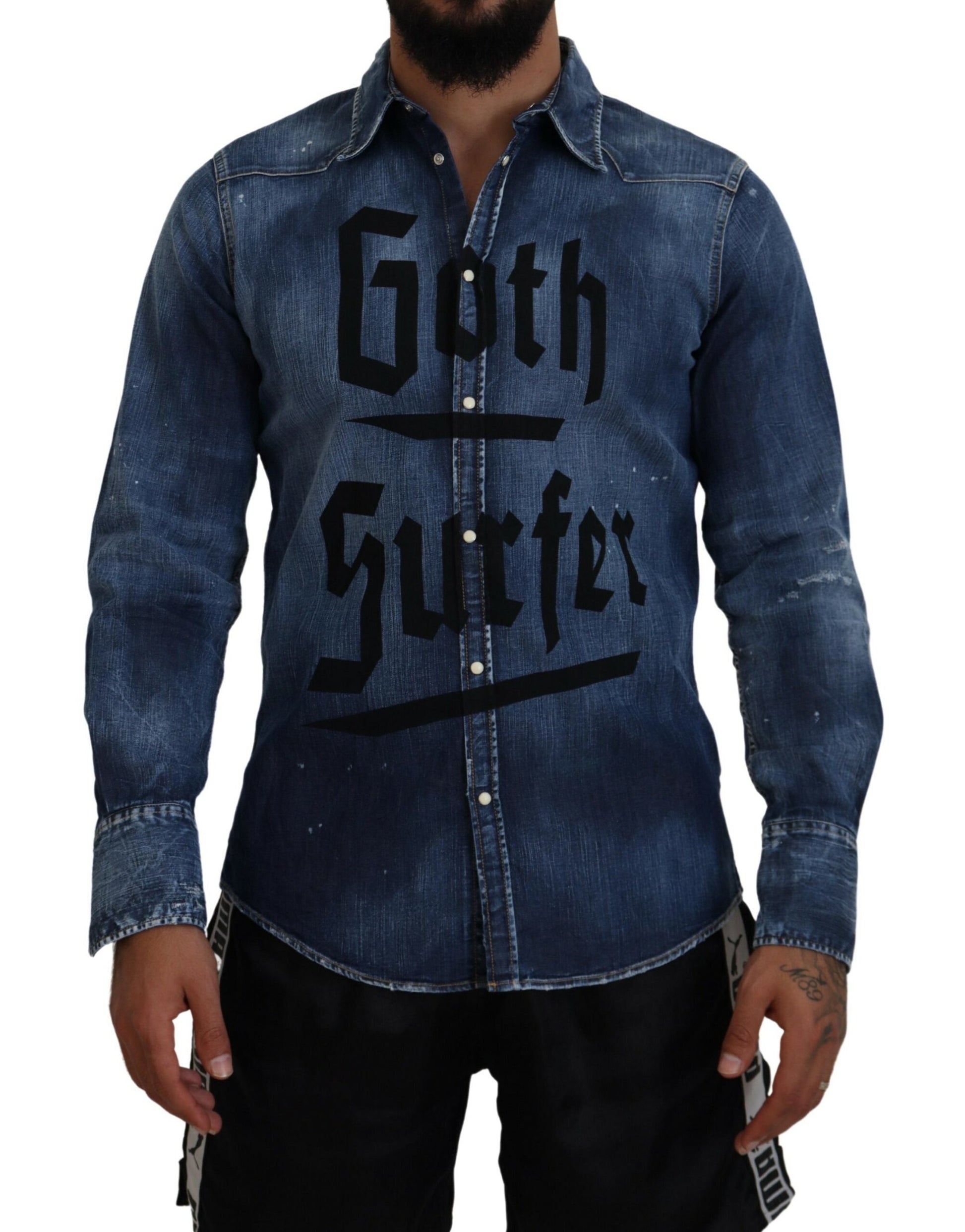Dsquared² Blue Washed Goth Surfer Print Men Denim Shirt by Dsquared²