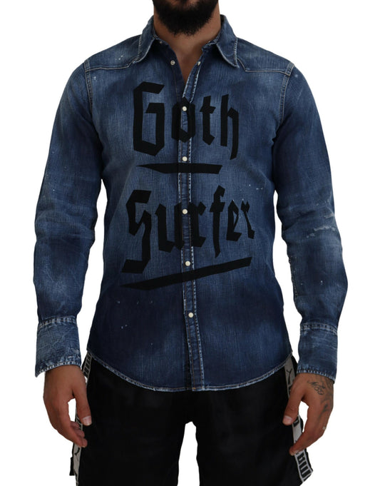 Dsquared² Blue Washed Goth Surfer Print Men Denim Shirt by Dsquared²