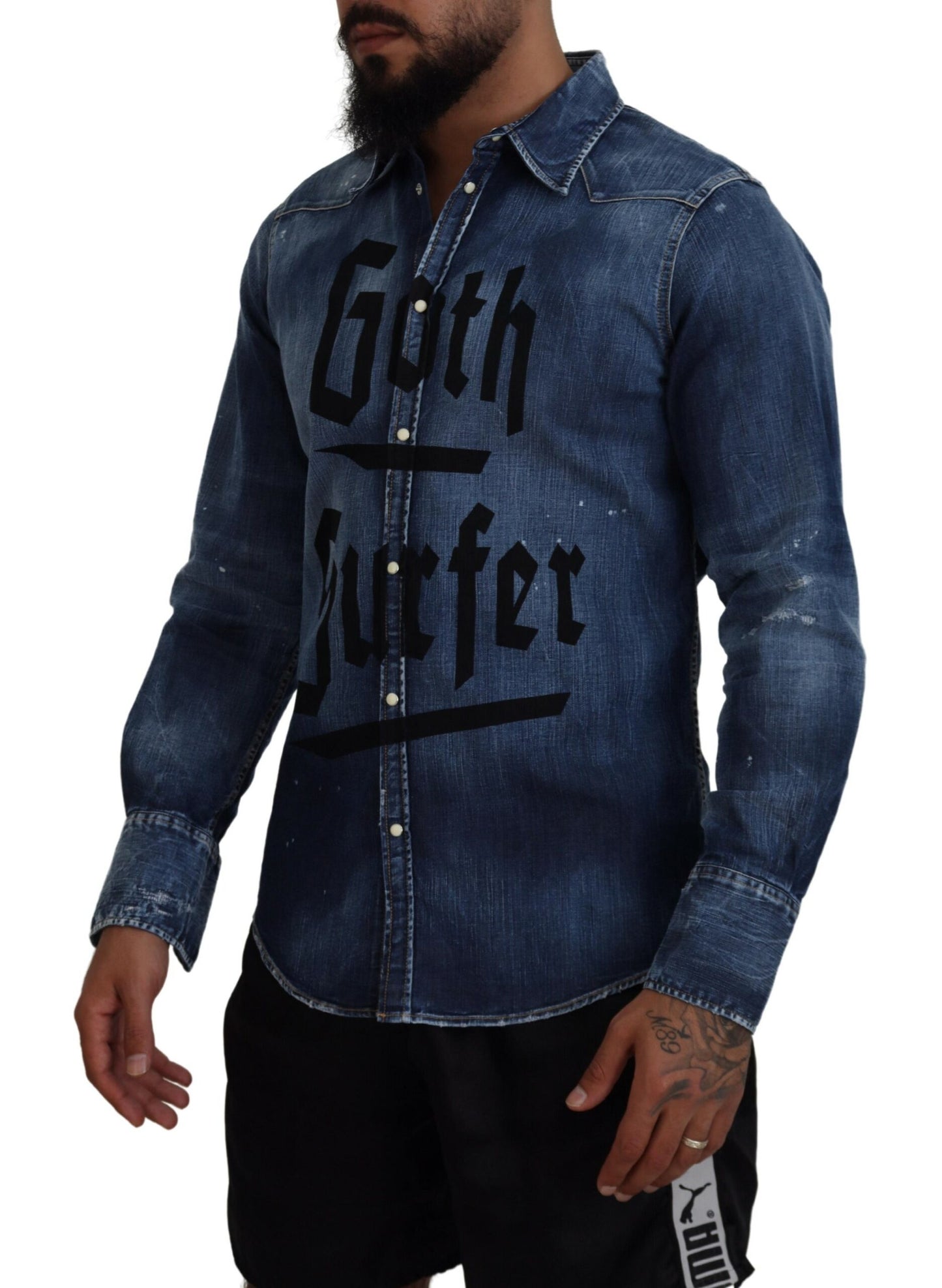 Dsquared² Blue Washed Goth Surfer Print Men Denim Shirt by Dsquared²