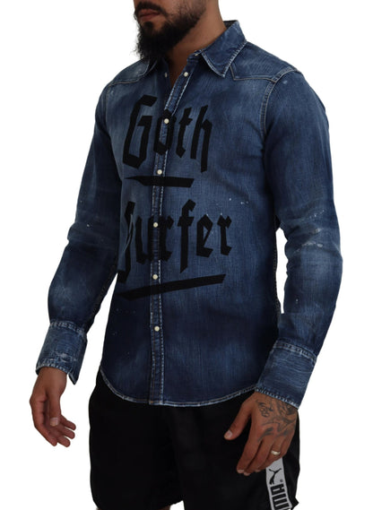 Dsquared² Blue Washed Goth Surfer Print Men Denim Shirt by Dsquared²