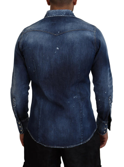 Dsquared² Blue Washed Goth Surfer Print Men Denim Shirt by Dsquared²
