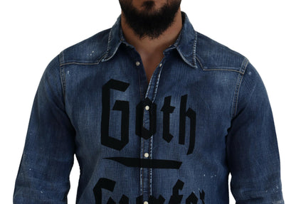 Dsquared² Blue Washed Goth Surfer Print Men Denim Shirt by Dsquared²
