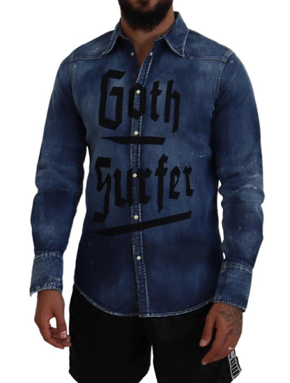 Dsquared² Blue Washed Goth Surfer Print Men Denim Shirt by Dsquared²