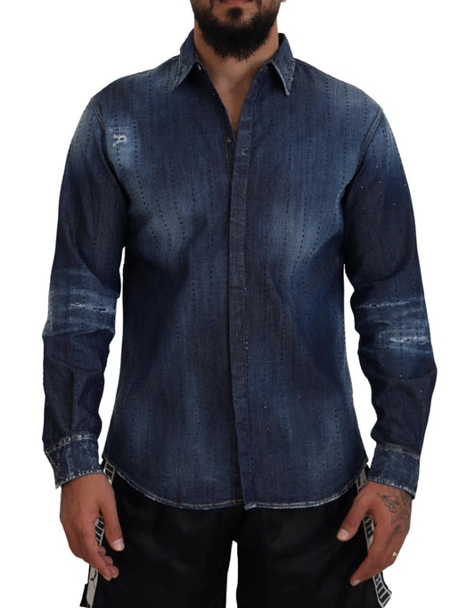 Dsquared² Blue Tattered Crystal Embellished Denim Shirt by Dsquared²