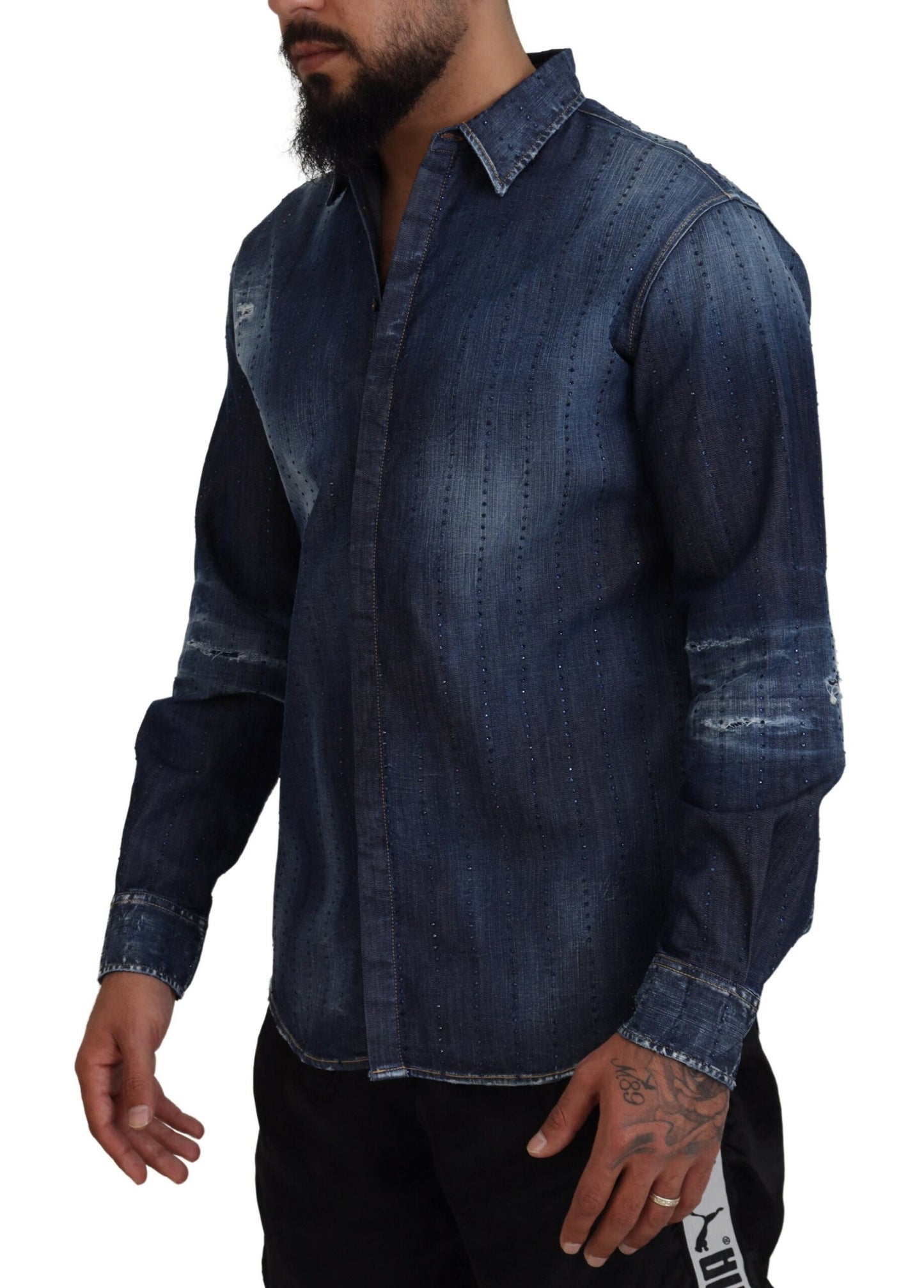 Dsquared² Blue Tattered Crystal Embellished Denim Shirt by Dsquared²
