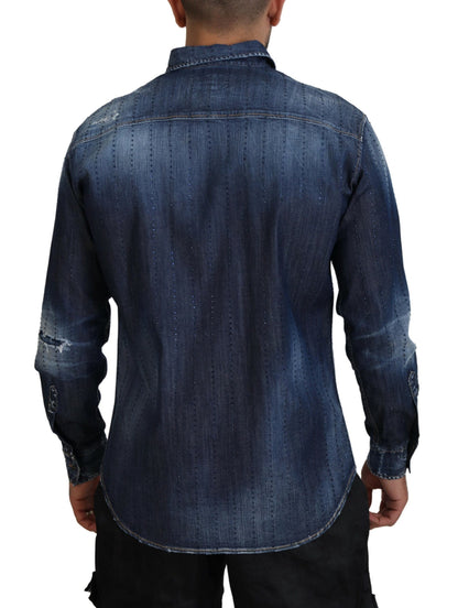 Dsquared² Blue Tattered Crystal Embellished Denim Shirt by Dsquared²