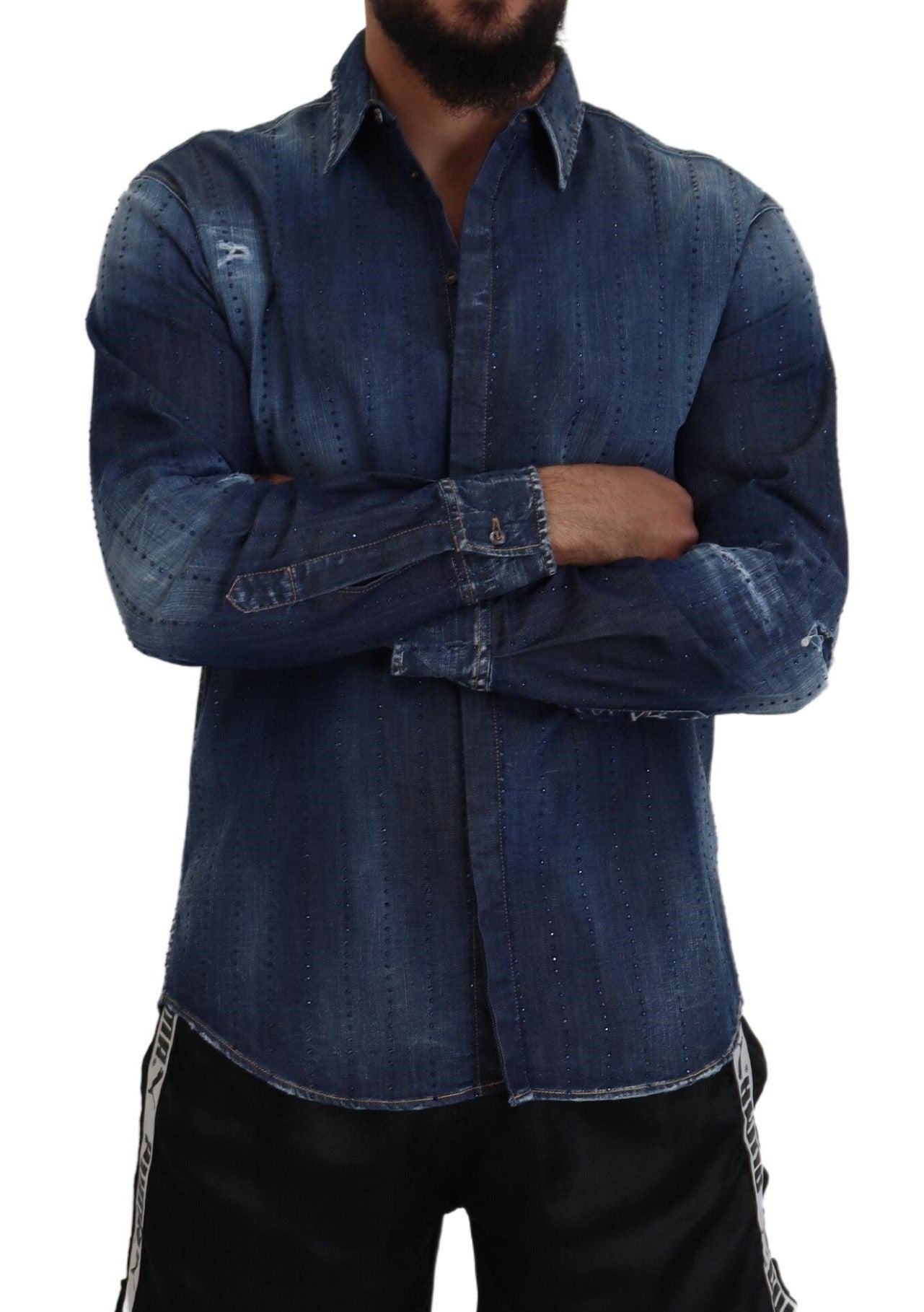 Dsquared² Blue Tattered Crystal Embellished Denim Shirt by Dsquared²